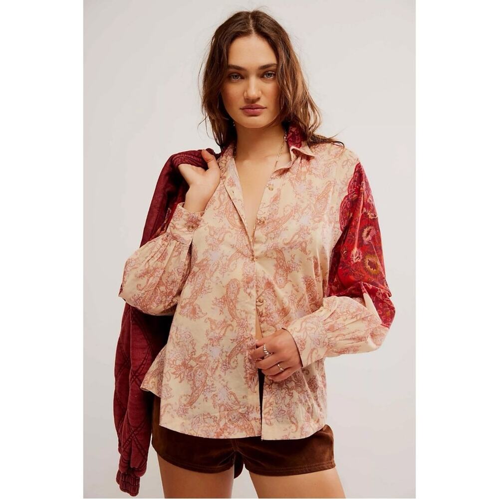 Free People Western Bohemian Dainty Rose Bud Button Down Blouse Shirt Large